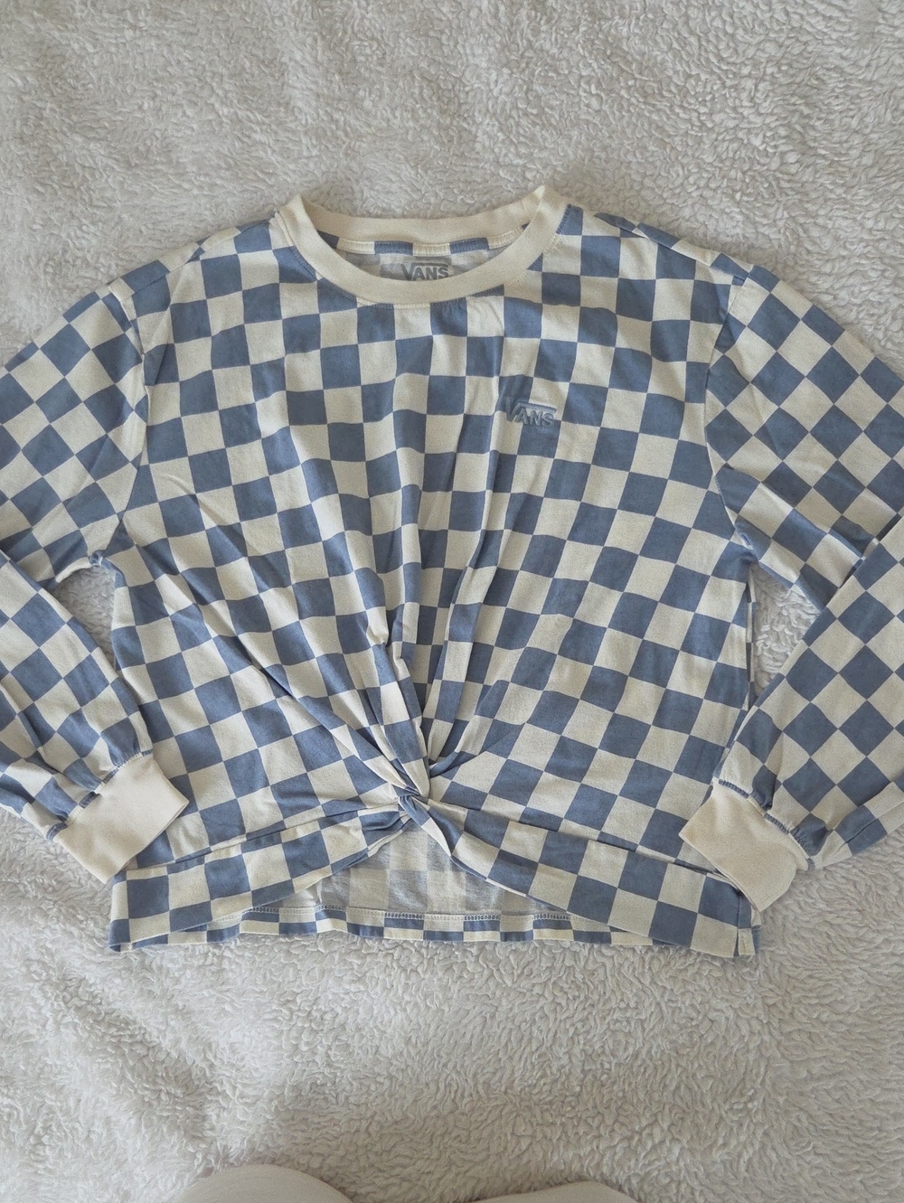 Vans Blue & Cream Checkerboard Knot Front Long Sleeve Tee